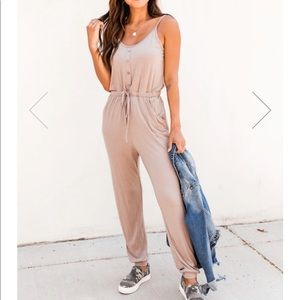 Upbeat Tune Button Taupe Jumpsuit